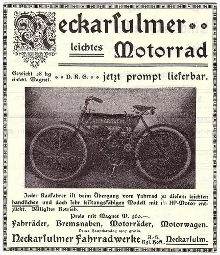 original Werbung - 1907 - NSU Motorrad , Neckarsulm , moto , Motorräder , Motorrad !!!