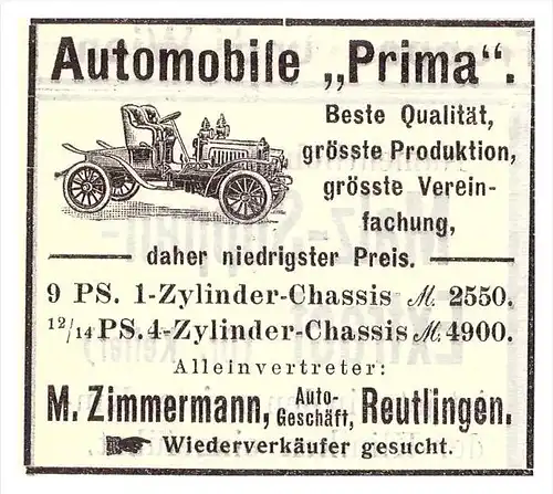 original Werbung - 1907 - Automobile PRIMA , M. Zimmermann in Reutlingen , automobile !!!