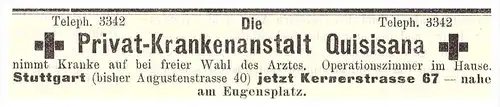 original Werbung - 1907 , Privat - Krankenanstalt Quisisana in Stuttgart , Kur , Arzt , Krankenhaus !!