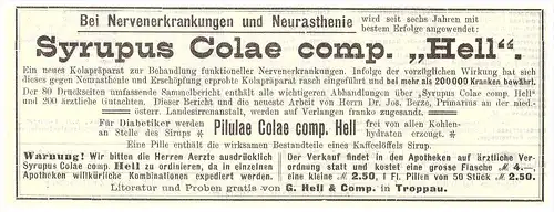 original Werbung - 1907 , Syrupus Colae , G. Hell & Co in Troppau / Opava , Kur , Arzt , Krankenhaus !!