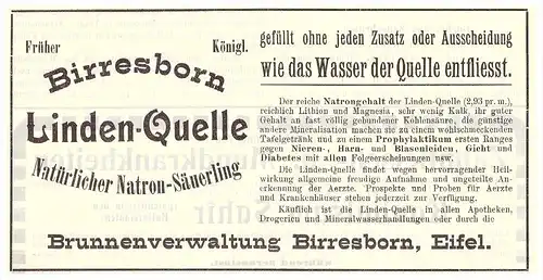 original Werbung - 1907 , Birresborn , Eifel , Lindenquelle , Kur , Arzt , Krankenhaus !!