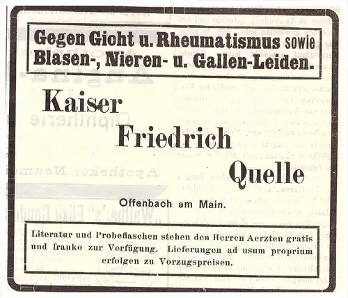 original Werbung - 1907 , Kaiser Friedrich Quelle in Offenbach a.M., Kur , Arzt , Krankenhaus !!