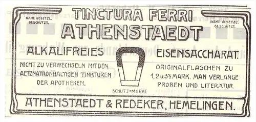 original Werbung - 1907 , Tinctura Athenstaedt & Redeker , Hemelingen b. Bremen , Kur , Arzt , Krankenhaus !!