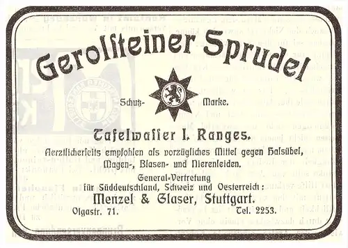 original Werbung - 1907 - Gerolsteiner Sprudel , Gerolstein , Menzer & Glaser , Kur , Arzt , Krankenhaus !!