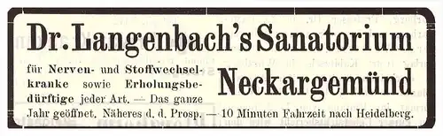 original Werbung - 1907 - Sanatorium in Neckargemünd , Dr. Langenbach  , Kur , Arzt , Krankenhaus !!