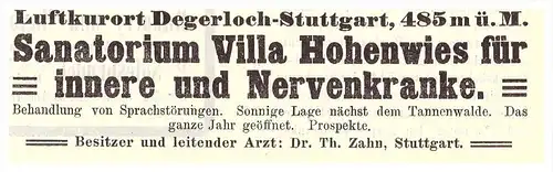 original Werbung - 1907 - Sanatorium Villa Hohenwies , Degerloch - Stuttgart , Kur , Arzt , Krankenhaus !!