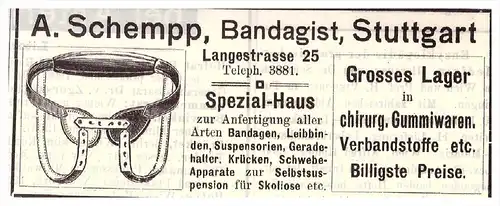 original Werbung - 1907 - A. Schempp in Stuttgart , Bandagist , Sanitätshaus , Kur , Arzt , Krankenhaus !!