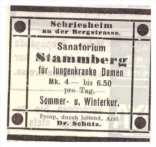 original Werbung - 1907 - Sanatorium Stammberg in Schriesheim a.d. Bergstraße , Kur , Arzt , Krankenhaus !!