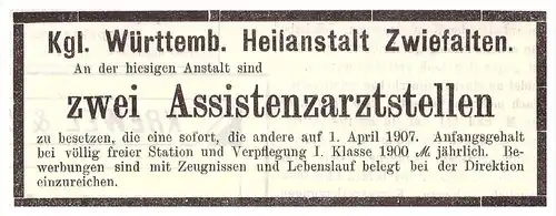 original Werbung - 1907 - Kgl. Heilanstalt Zwiefalten , Kur , Arzt , Krankenhaus !!
