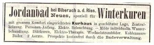 original Werbung - 1907 - Jordanbad b. Biberach a.d. Riss , Kur , Arzt , Krankenhaus !!!