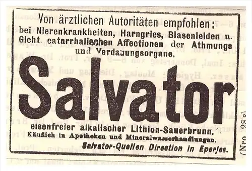 original Werbung - 1887 - Salvator - Quellen in Eperjes , Kur , Arzt , Krankenhaus !!!