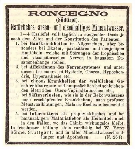 original Werbung - 1887 - Roncegno , Südtirol , Trient , Kur , Arzt , Krankenhaus !!!