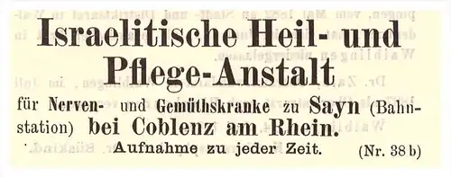original Werbung - 1887 - Israelitische Heil- und Pflegeanstalt in Sayn b. Bendorf , Kur , Arzt , Krankenhaus !!!