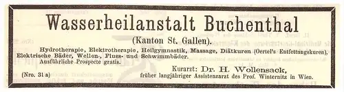 original Werbung - 1887 - Wasserheilanstalt Bad Buchenthal b. Uzwil , Kur , Arzt , Krankenhaus !!!