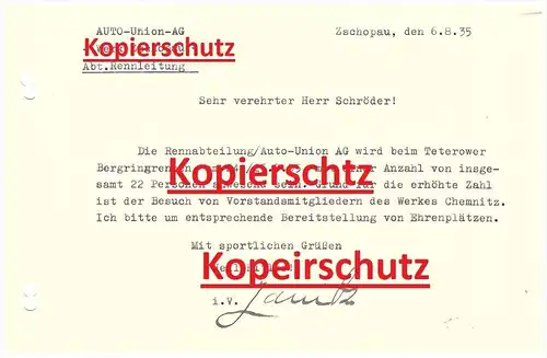 Brief von Auto Union AG , Werk Zschopau , Rennabteilung an Carl Schröder , Bergring Teterow , Bergringrennen 1935 !!!