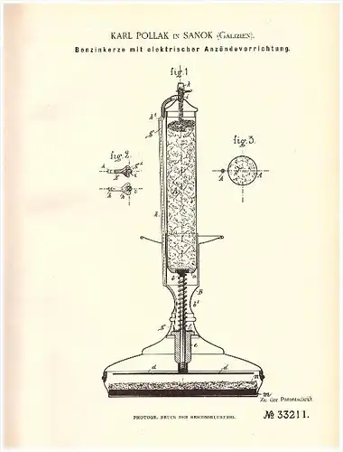 original Patent - Karl Pollak in Sanok , 1885 , Benzinkerze mit elektrischem Anzünder , Leuchter !!!
