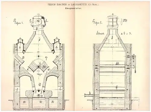 original Patent - Fedor Dagner in Laurahütte O.-S., 1889 , Gasgenerator , Heizung , Oberschlesien , Huta Laura !!!