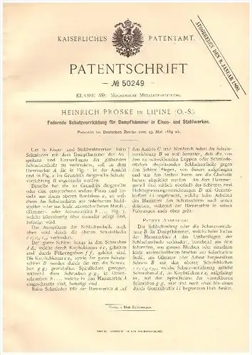 original Patent - Heinrich Proske  in Lipine / Lipiny , 1889 , Schutz für Dampfhammer , Stahlwerk , Oberschlesien  !!!