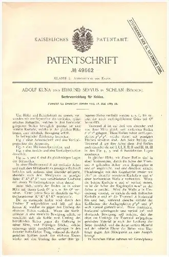 original Patent - Adolf Kuna und E. Servus in Schlan / Slany , 1889 , Sortierapparat für Kohle , Bergbau , Böhmen !!!