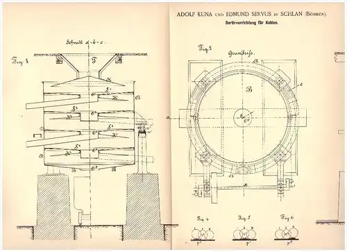 original Patent - Adolf Kuna und E. Servus in Schlan / Slany , 1889 , Sortierapparat für Kohle , Bergbau , Böhmen !!!