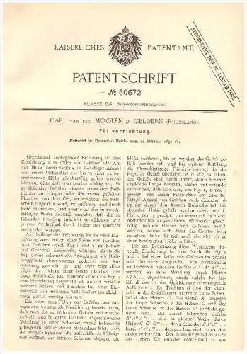original Patent - Carl van der Moolen in Geldern , 1891 , Füllapparat , Alkohol , Bier , Wein , Flaschen !!