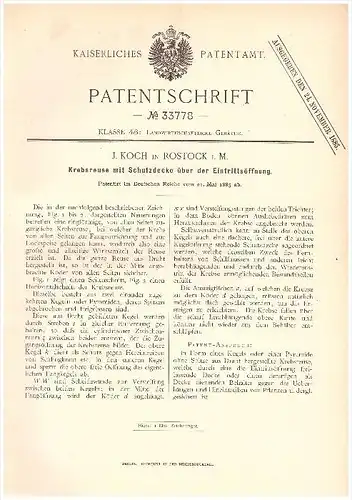 original Patent - J. Koch in Rostock i. Mecklenburg , 1885 , Reuse für Krebse , Angler , Fischer , Krebs !!!