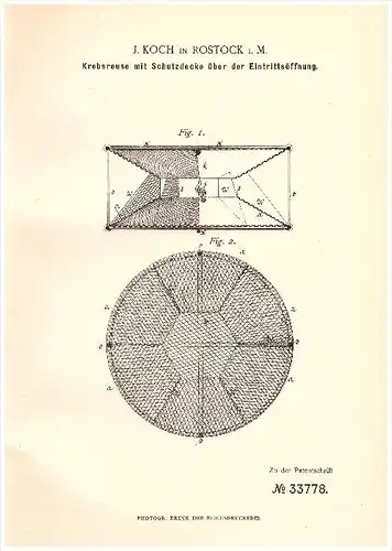 original Patent - J. Koch in Rostock i. Mecklenburg , 1885 , Reuse für Krebse , Angler , Fischer , Krebs !!!