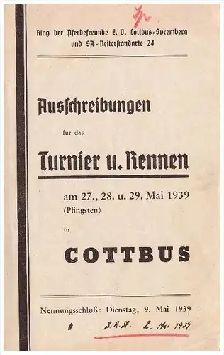 SA - Reiterstandarte 24 Cottbus , 1939  , Programm - Ausschreibung , Polizei , Pferde , Reiten , Pferderennen !!!