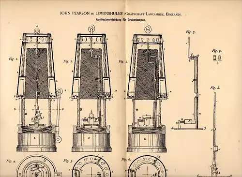 Original Patentschrift - John Pearson in Levenshulme , 1889 , Miner's lamp, lamp for mining, tunneling, lighting !!!