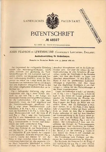 Original Patentschrift - John Pearson in Levenshulme , 1889 , Miner's lamp, lamp for mining, tunneling, lighting !!!