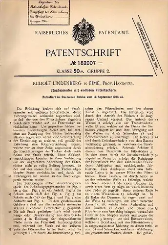 Original Patentschrift - R. Lindenberg in Eime b. Gronau , 1905 , Staubsammler mit endlosen Filtern , Filter !!!