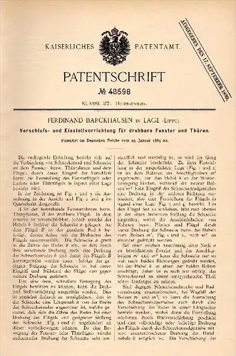 Original Patentschrift - F. Barckhausen in Lage , Lippe , 1889 , drehbare Fenster und Türen , Fensterbau , Tischlerei !!