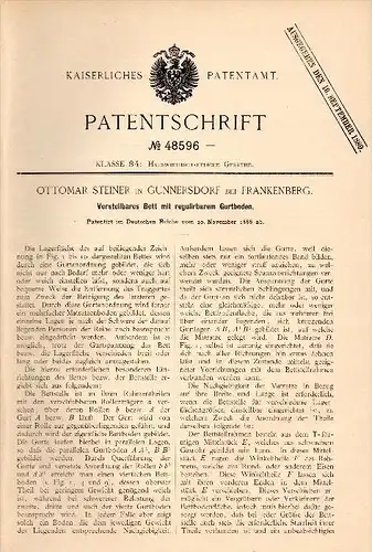 Original Patentschrift - O. Steiner in Gunnersdorf b. Frankenberg i.S., 1888 , verstellbares Bett , Matratze , Möbel !!!