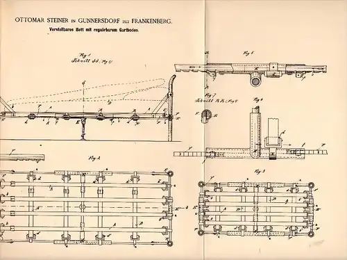 Original Patentschrift - O. Steiner in Gunnersdorf b. Frankenberg i.S., 1888 , verstellbares Bett , Matratze , Möbel !!!