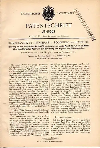 Original Patentschrift - Salzbergwerk in Löderburg b. Staßfurt , 1889 , Muffelofen für Magnesia und Chlormagnesium !!!