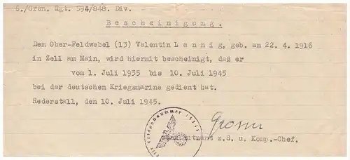 Kriegsmarine - Nachlass V. Lannig ,1933- 44, Rederstall , Kiel , Hettstadt , Zell a.M., Würzburg , Ahnenpass , Wehrmacht