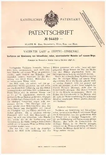 Original Patentschrift - Valentin Lapp in Leipzig - Lindenau , 1896 , Gewinnung von Maische ,. Brauerei , Bier , Alkohol