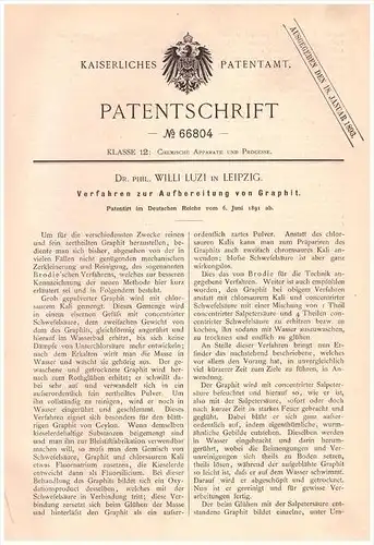 Original Patentschrift -  Dr. phil. Willi Luzi in Leipzig , 1891 , Aufbereitung von Graphit , Chemie , Labor !!!