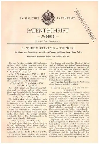 Original Patentschrift -  Dr. Wilhelm Wislicenus in Würzburg , 1892 , Stickstoff - Wasserstoffsäure , Chemie , Labor !!!