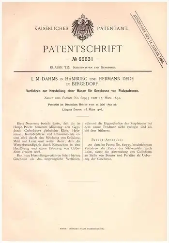 Original Patentschrift - M. Dahms und H. Dede in Hamburg - Bergedorf , 1892 , Platzpatrone - Geschoss , Herstellung