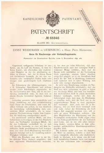 Original Patentschrift - E. Weidemann in Liebenburg a. Harz ,1891, Kerze zum Räuchern , Räucherkerze , ätherische Dämpfe