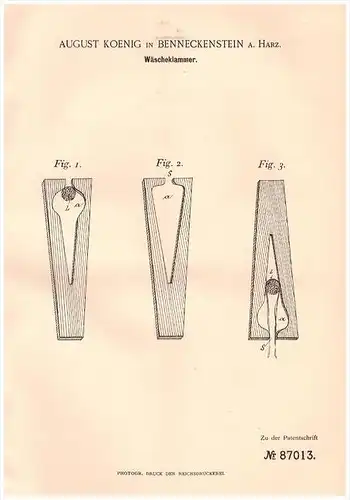 Original Patentschrift - August König in Benneckenstein a. Harz , 1895 , Wäscheklammer , Klammer , Wäsche !!!