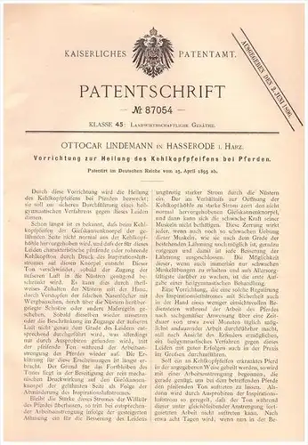 Original Patentschrift - O. Lindemann in Hasserode i. Harz ,1895, Apparat gegen Kehlkopfpfeifen beim Pferd , Wernigerode