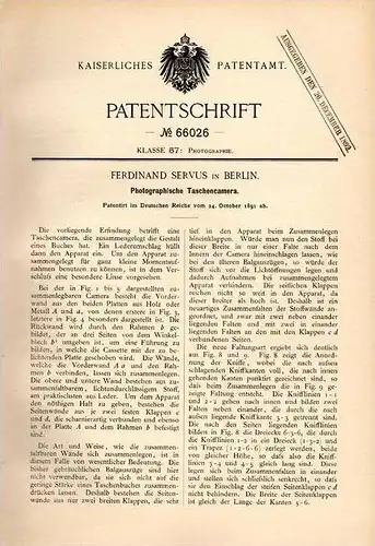 Original Patentschrift - F. Servus in Berlin , 1891 , photographische Taschen - Camera , Kamera , Photographie !!!