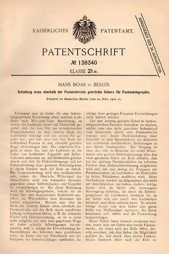 Original Patentschrift - Hans Boas in Berlin , 1900 , Schaltung für Telegraphie , telegraphy , Radio , Telegraph !!!