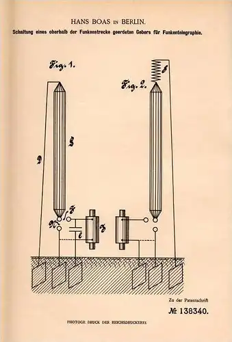 Original Patentschrift - Hans Boas in Berlin , 1900 , Schaltung für Telegraphie , telegraphy , Radio , Telegraph !!!