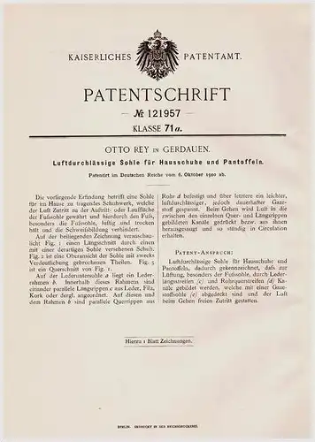 Original Patentschrift - Otto Rey in Gerdauen , 1900 ,  Sohle für Hausschuhe , Schelesnodoroschny , Ostpreussen !!!