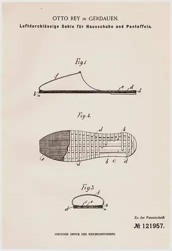 Original Patentschrift - Otto Rey in Gerdauen , 1900 ,  Sohle für Hausschuhe , Schelesnodoroschny , Ostpreussen !!!
