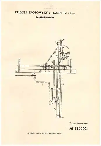 Original Patentschrift -R. Brosowsky in Jasenitz b. Pölitz i. Pom.,1899, Torfstechmaschine , Torf , Torfstecher , Police