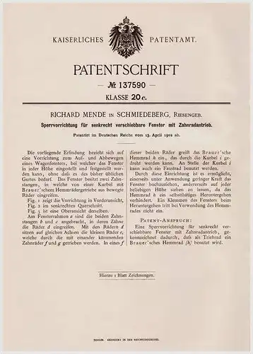 Original Patentschrift - Richard Mende in Schmiedeberg / Kowary , 1902 , Sperre für Fenster !!!